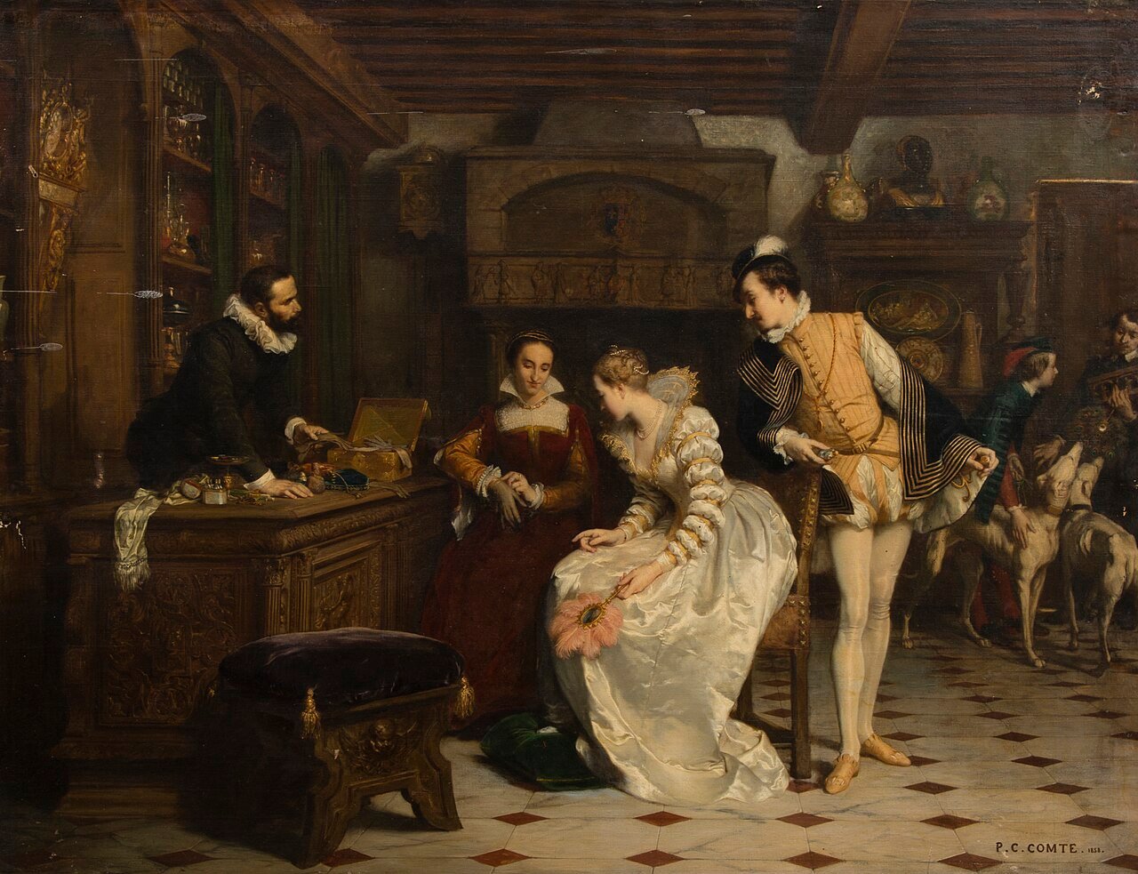 Pierre-Charles Comte painting of Jeanne d’Albret buying the legendary poisoned gloves from René