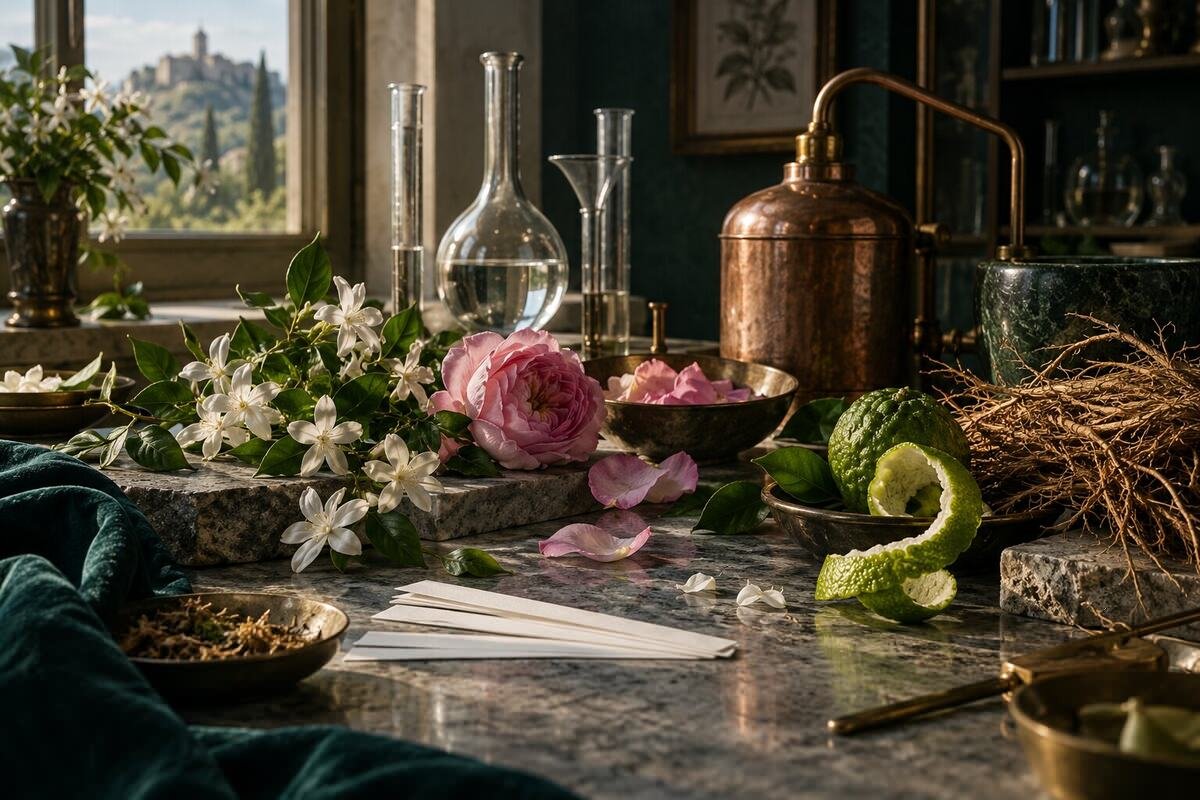 Jasmine, May rose, bergamot, vetiver and distillation equipment on a perfumer’s worktable