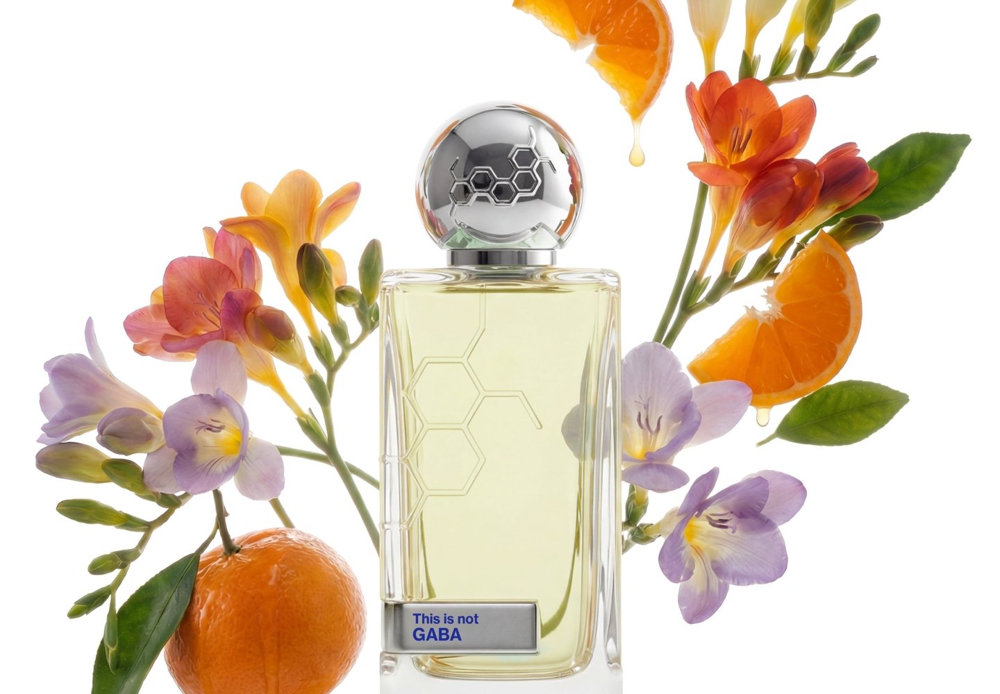 Hormone Paris This Is Not GABA fragrance surrounded by freesia flowers, orange and botanical notes; official creative campaign imagery