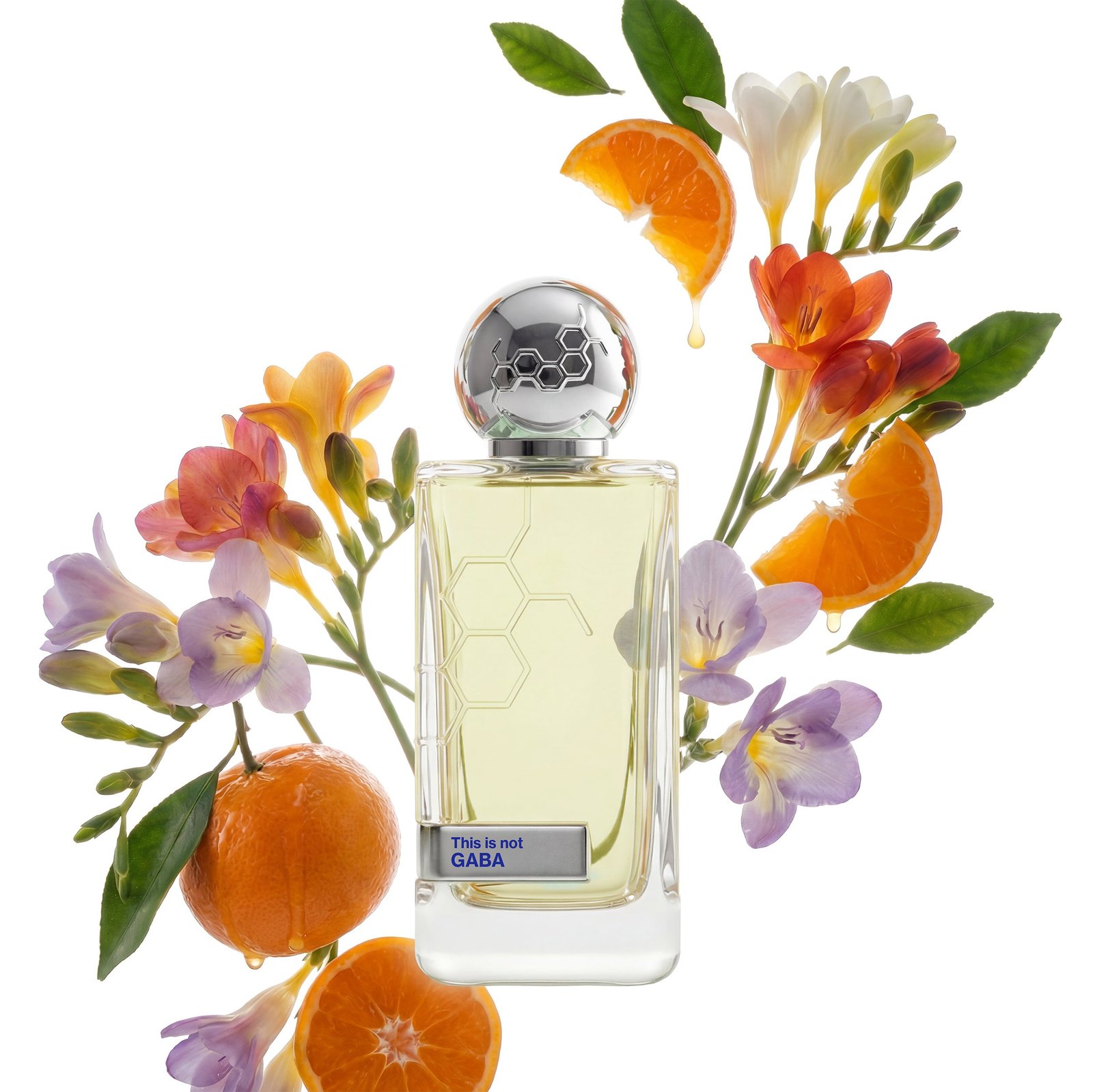 Hormone Paris This Is Not GABA fragrance surrounded by freesia flowers, orange and botanical notes; official creative campaign imagery